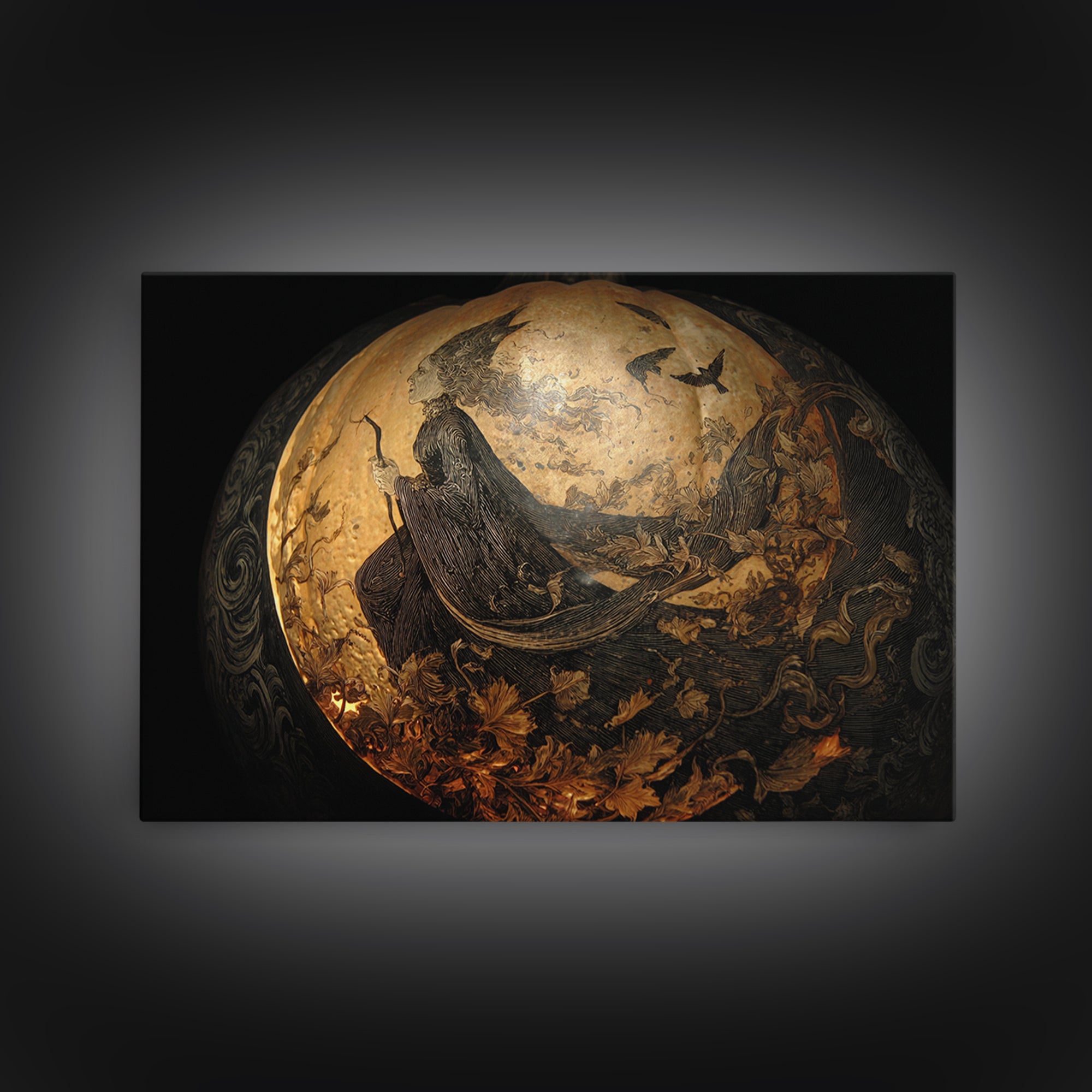 The Moon Inside A Pumpkin, Ornate Symbolist Art, Landscape Wall Art, Dark Halloween Decor, Framed Canvas Print, Halloween Wall Art