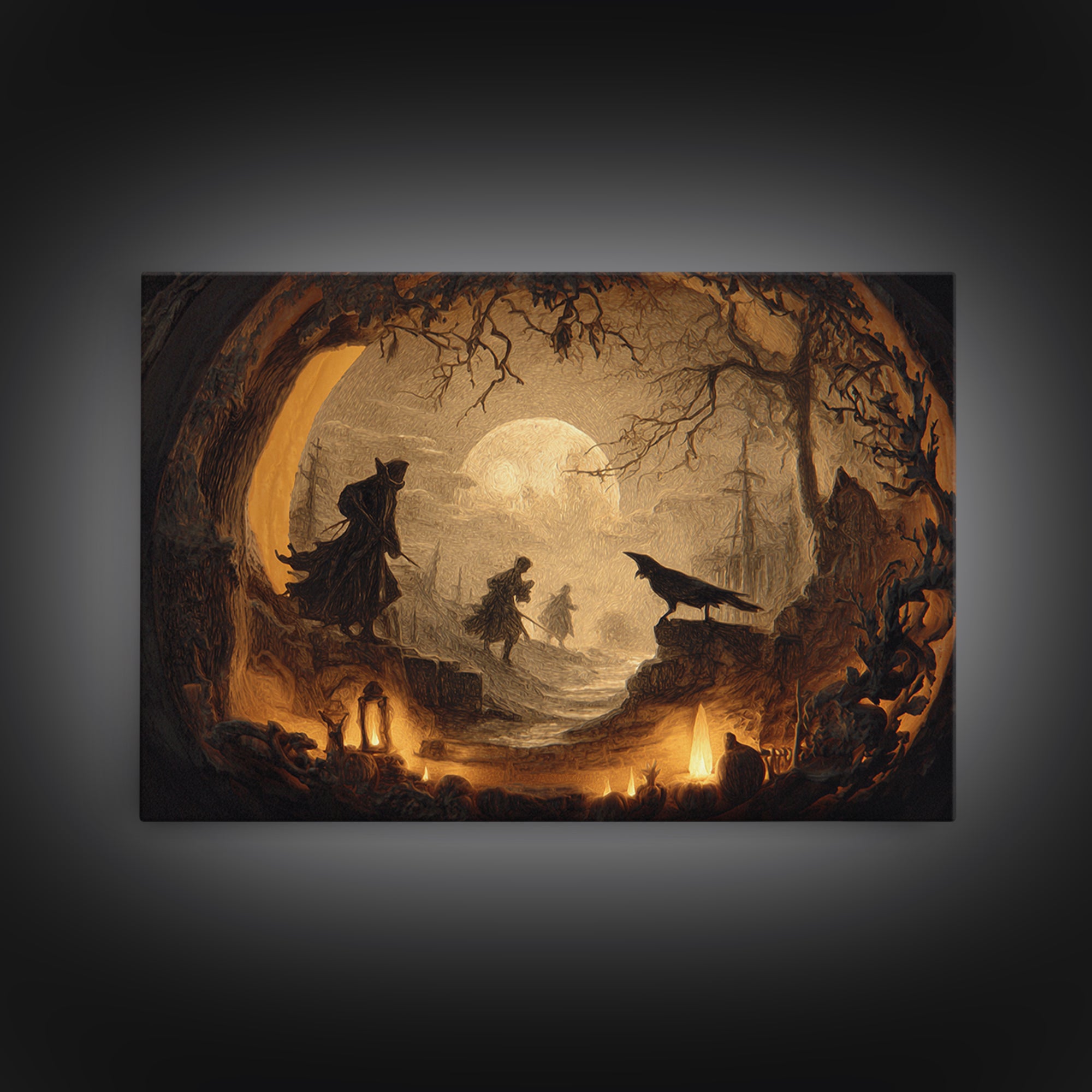 The Moon Inside A Pumpkin, Symbolist Etching Art, Landscape Wall Art, Dark Halloween Decor, Canvas Print, Halloween Wall Art