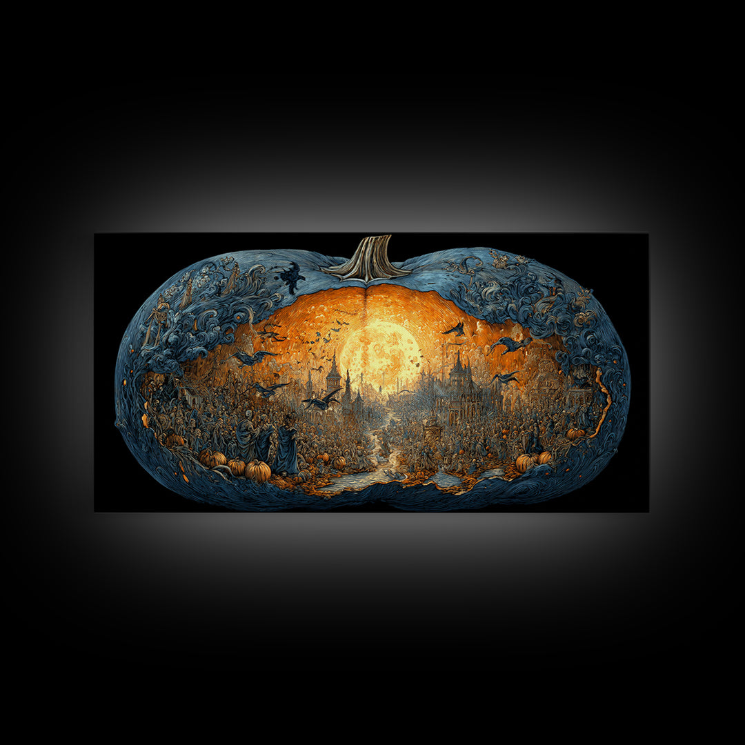 The Moon Inside A Pumpkin, Grotesque Carnival Art, Wide Panoramic Art, Dark Halloween Decor, Framed Canvas Print, Halloween Wall Art