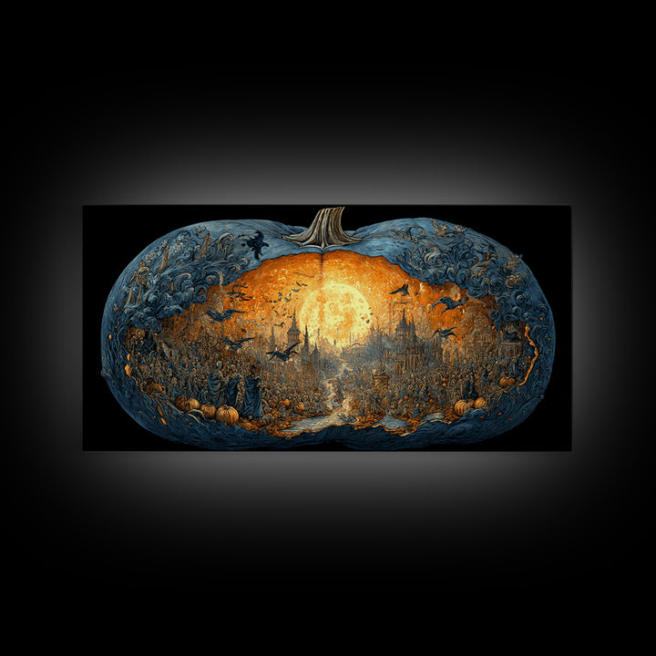 The Moon Inside A Pumpkin, Grotesque Carnival Art, Wide Panoramic Art, Dark Halloween Decor, Framed Canvas Print, Halloween Wall Art