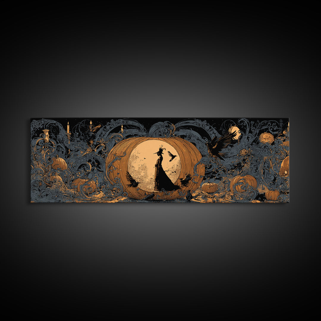 The Moon Inside A Pumpkin, Decadent Line Art, Extra Wide Wall Art, Gothic Horror Wall Art, Canvas Print, Halloween Wall Art