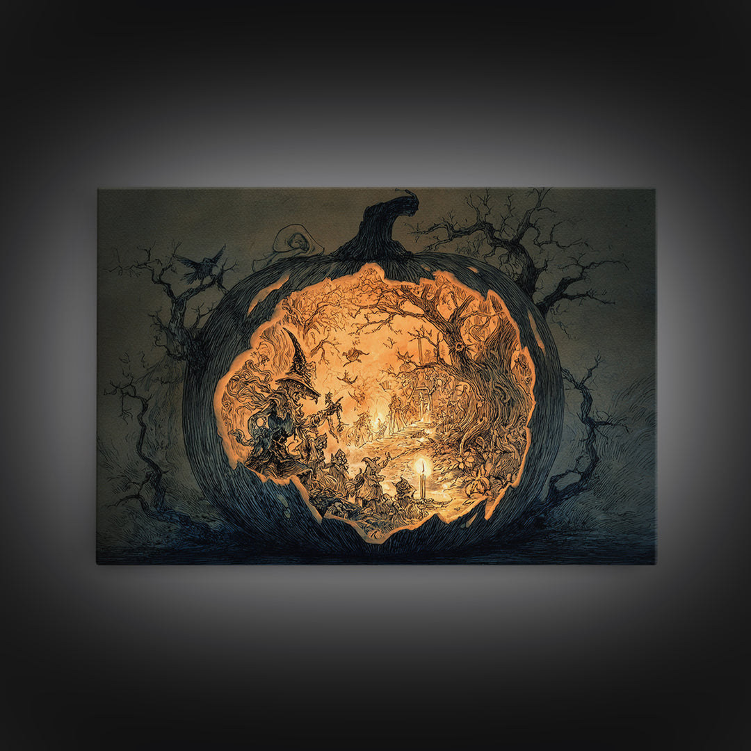 The Moon Inside A Pumpkin, Gothic Storybook Art, Landscape Wall Art, Dark Fantasy Wall Art, Framed Canvas Print, Halloween Wall Art