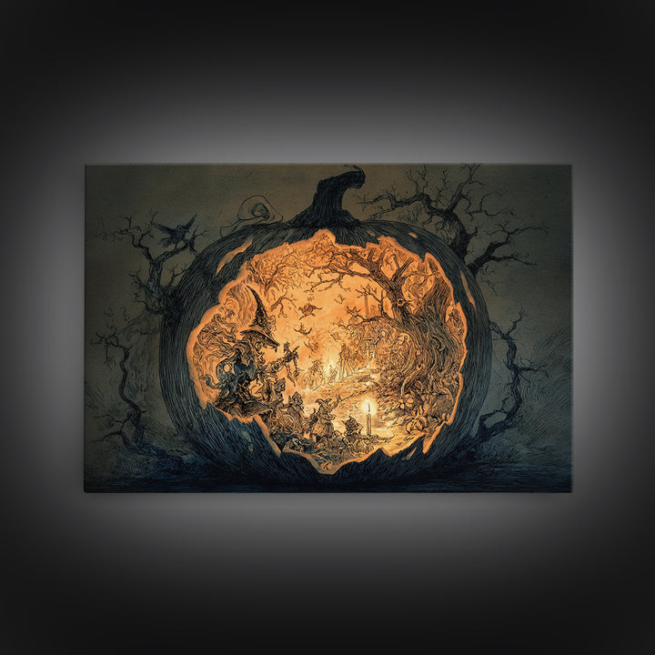 The Moon Inside A Pumpkin, Gothic Storybook Art, Landscape Wall Art, Dark Fantasy Wall Art, Framed Canvas Print, Halloween Wall Art