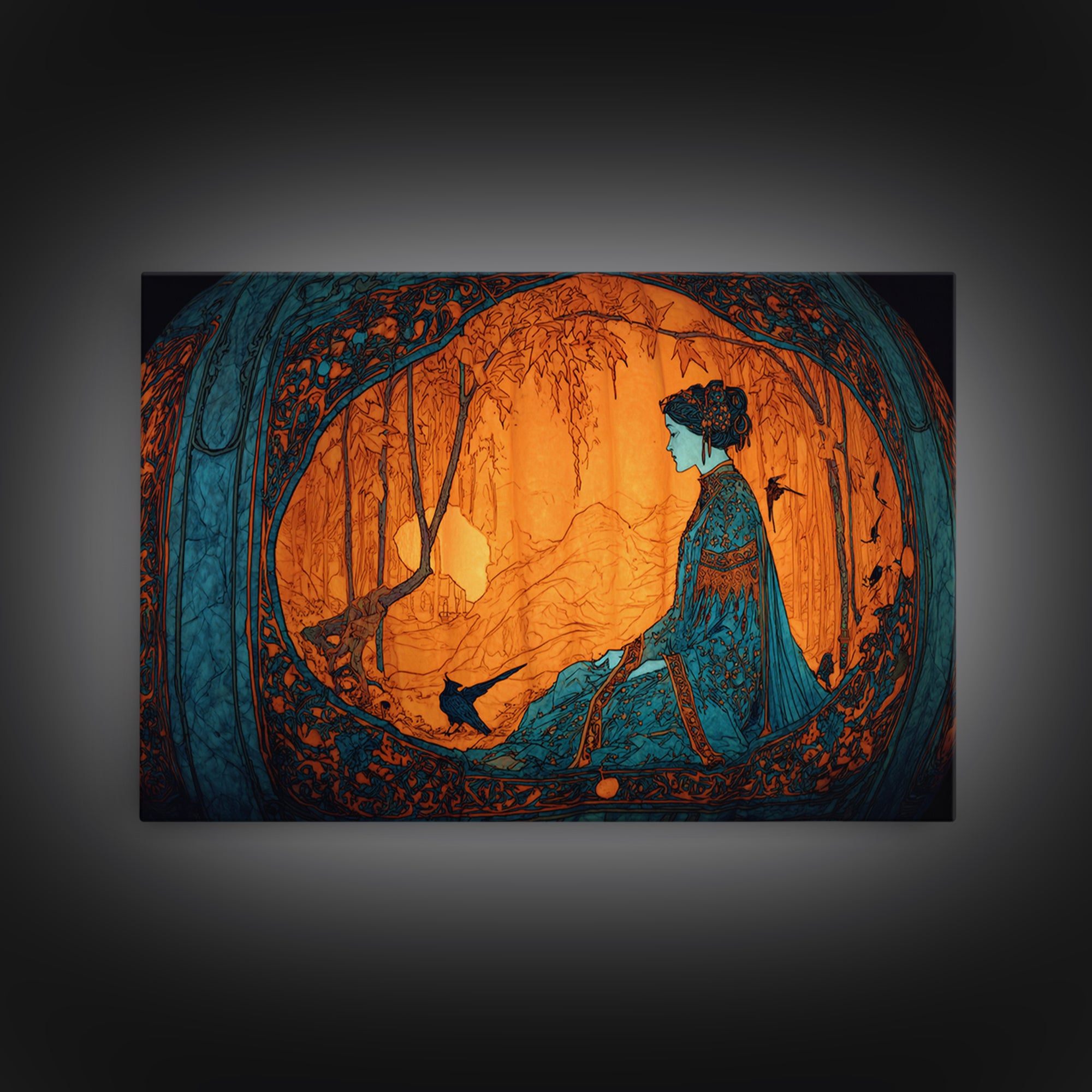 The Moon Inside A Pumpkin, Stained Glass Gothic Art, Landscape Wall Art, Gothic Horror Wall Art, Framed Canvas Print, Halloween Wall Art
