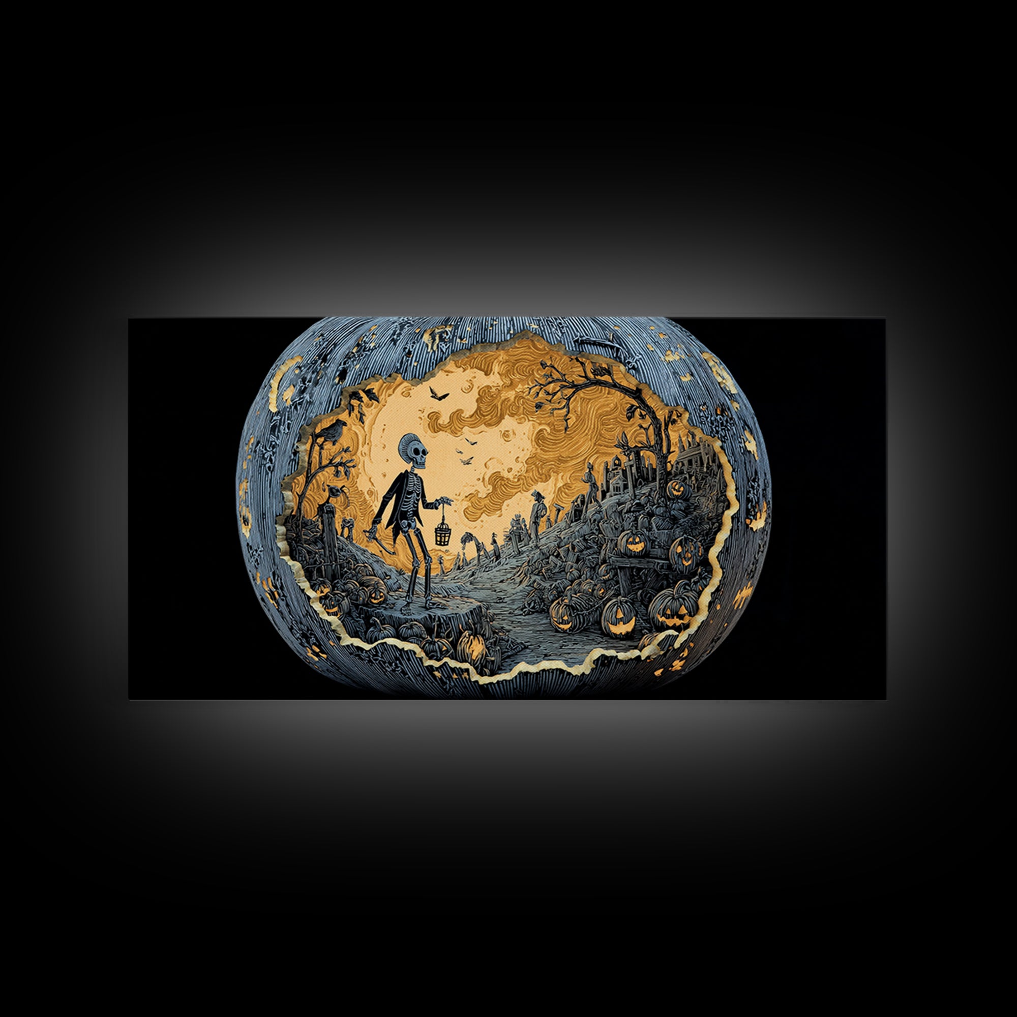 The Moon Inside A Pumpkin, Macabre Folk Print Art, Wide Panoramic Art, Macabre Wall Art, Framed Canvas Print, Halloween Wall Art