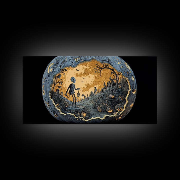 The Moon Inside A Pumpkin, Macabre Folk Print Art, Wide Panoramic Art, Macabre Wall Art, Framed Canvas Print, Halloween Wall Art
