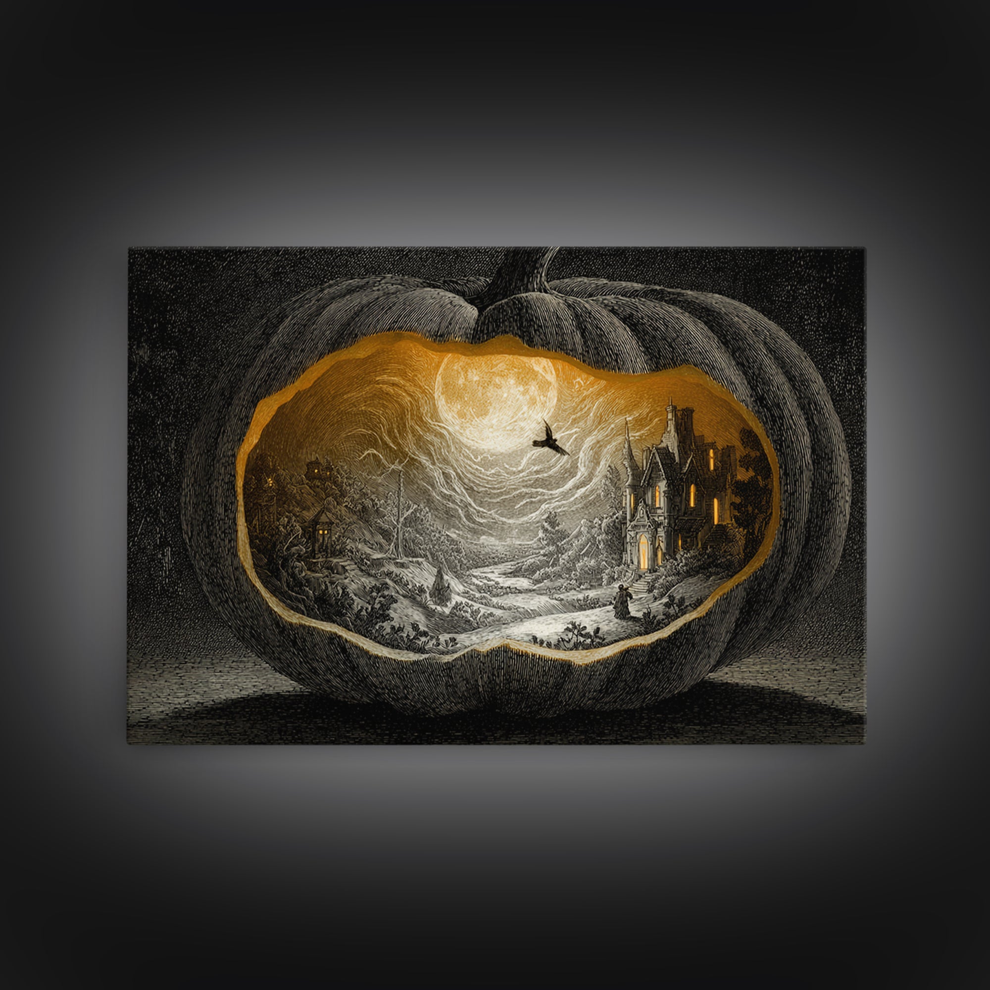 The Moon Inside A Pumpkin, Victorian Macabre Art, Landscape Wall Art, Gothic Horror Wall Art, Framed Canvas Print, Halloween Wall Art