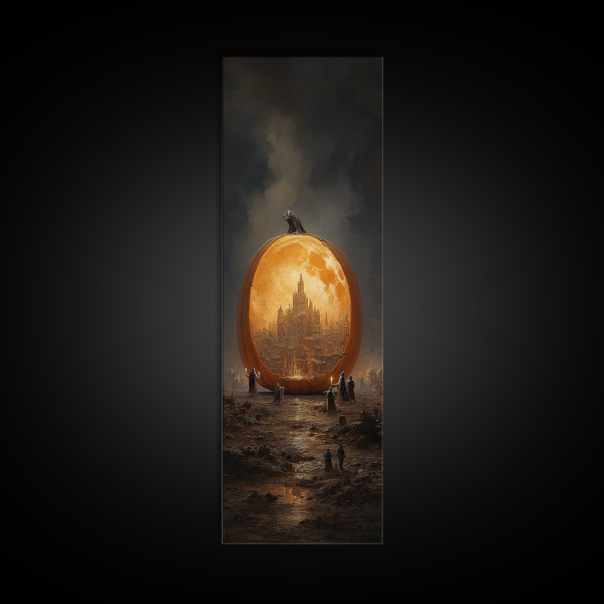 The Moon Inside A Pumpkin, Surreal Apocalyptic Art, Tall Narrow Wall Art, Dark Fantasy Wall Art, Framed Canvas Print