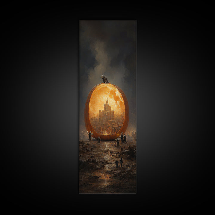 The Moon Inside A Pumpkin, Surreal Apocalyptic Art, Tall Narrow Wall Art, Dark Fantasy Wall Art, Framed Canvas Print