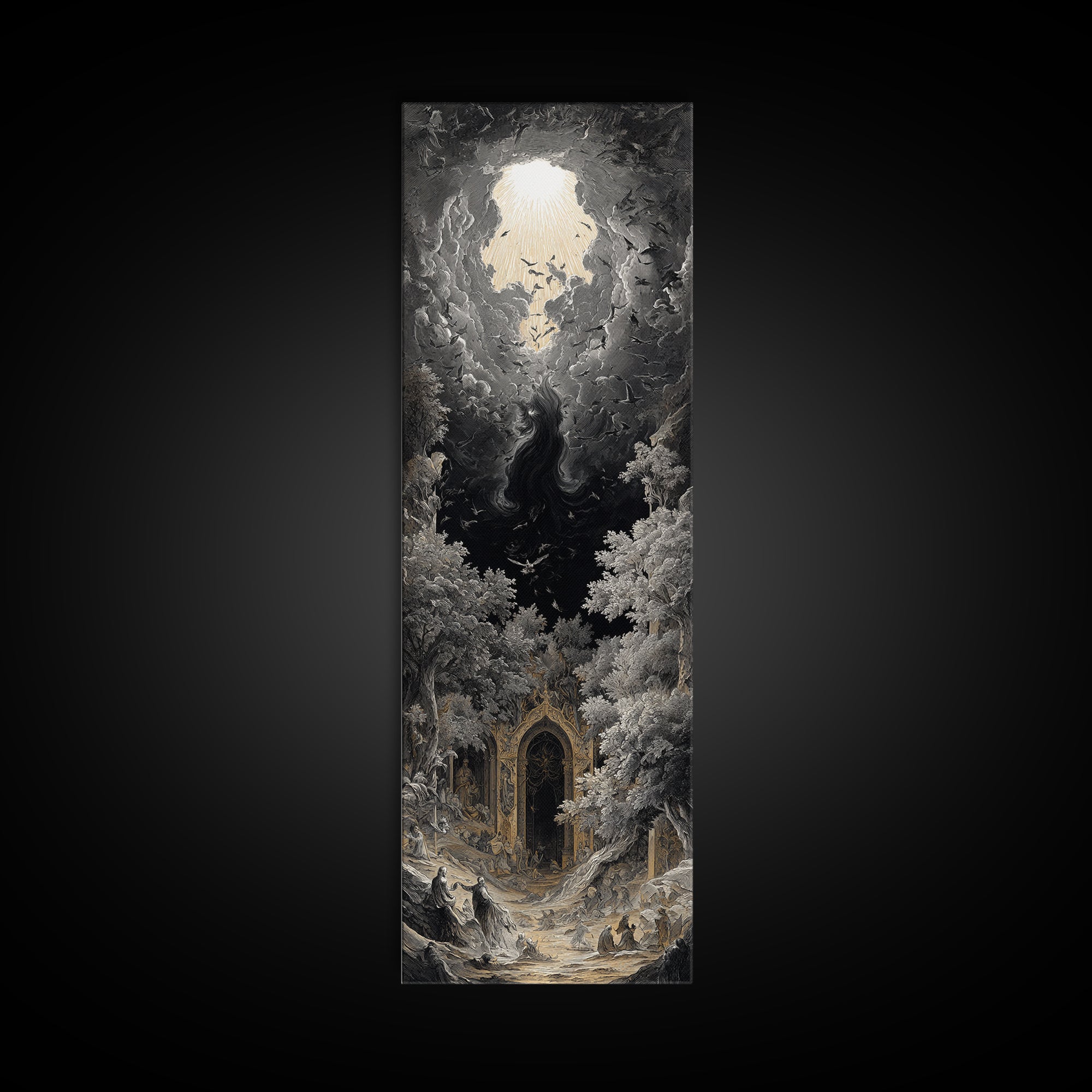 The Autumn-Leaf Ghost, Gothic Engraving Art, Tall Narrow Wall Art, Macabre Wall Art, Canvas Print, Halloween Wall Art