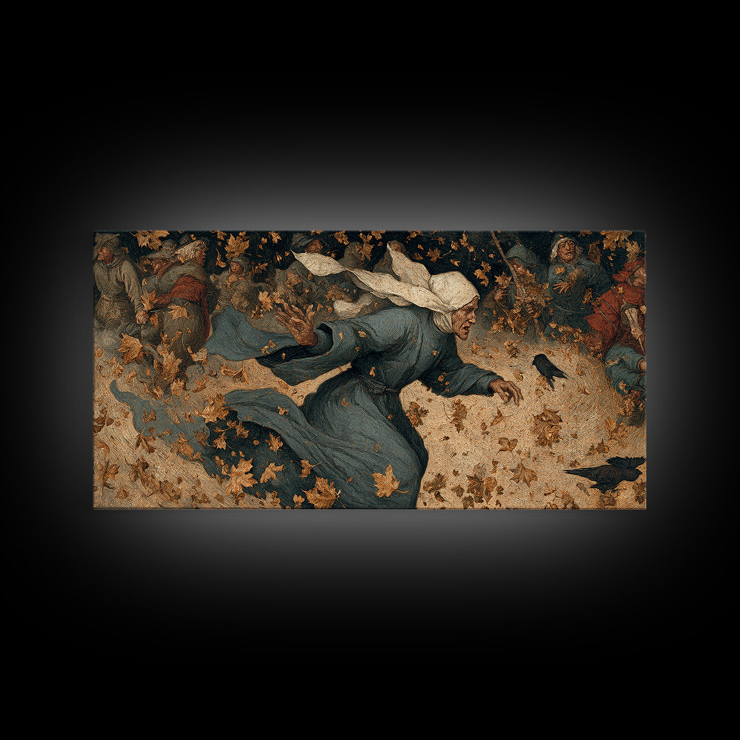 The Autumn-Leaf Ghost, Northern Renaissance Horror, Wide Panoramic Art, Dark Fantasy Wall Art, Framed Canvas Print
