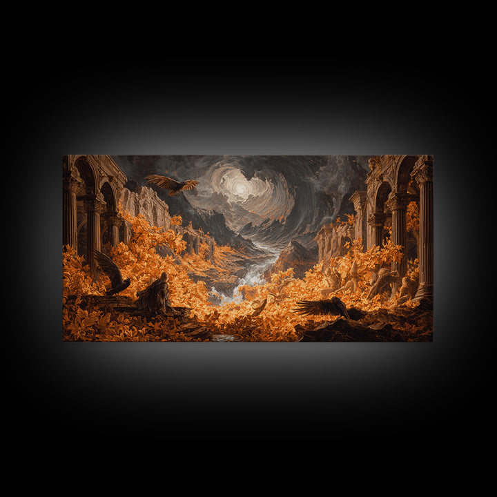 The Autumn-Leaf Ghost, Apocalyptic Romantic Art, Wide Panoramic Art, Macabre Wall Art, Framed Canvas Print, Halloween Wall Art