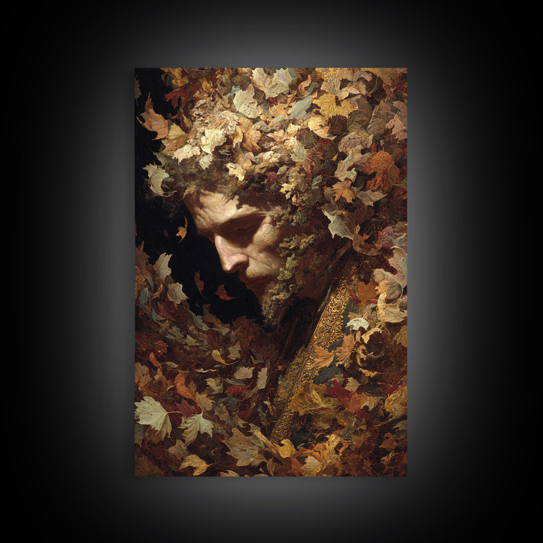 The Autumn-Leaf Ghost, Ornate Symbolist Art, Vertical Wall Art, Dark Halloween Decor, Framed Canvas Print, Halloween Wall Art