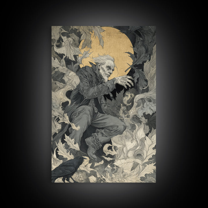 The Autumn-Leaf Ghost, Symbolist Etching Art, Vertical Wall Art, Dark Halloween Decor, Canvas Print, Halloween Wall Art, Horror Wall Art