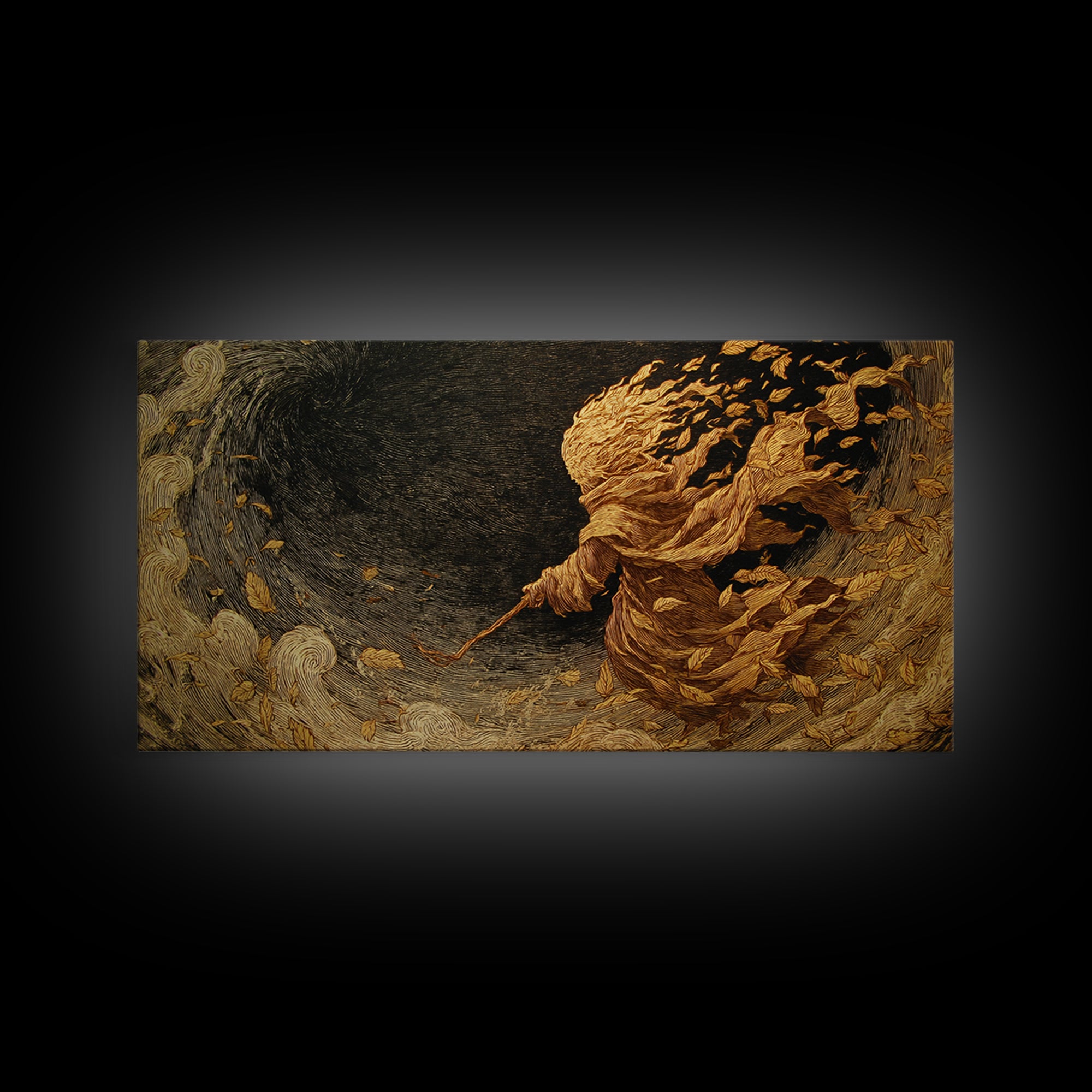 The Autumn-Leaf Ghost, Expressionist Nightmare Art, Wide Panoramic Art, Dark Fantasy Wall Art, Canvas Print, Halloween Wall Art