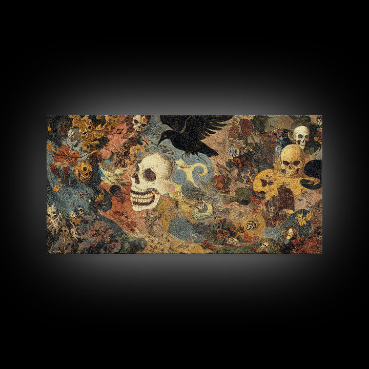 The Autumn-Leaf Ghost, Grotesque Carnival Art, Wide Panoramic Art, Gothic Horror Wall Art, Framed Canvas Print, Halloween Wall Art