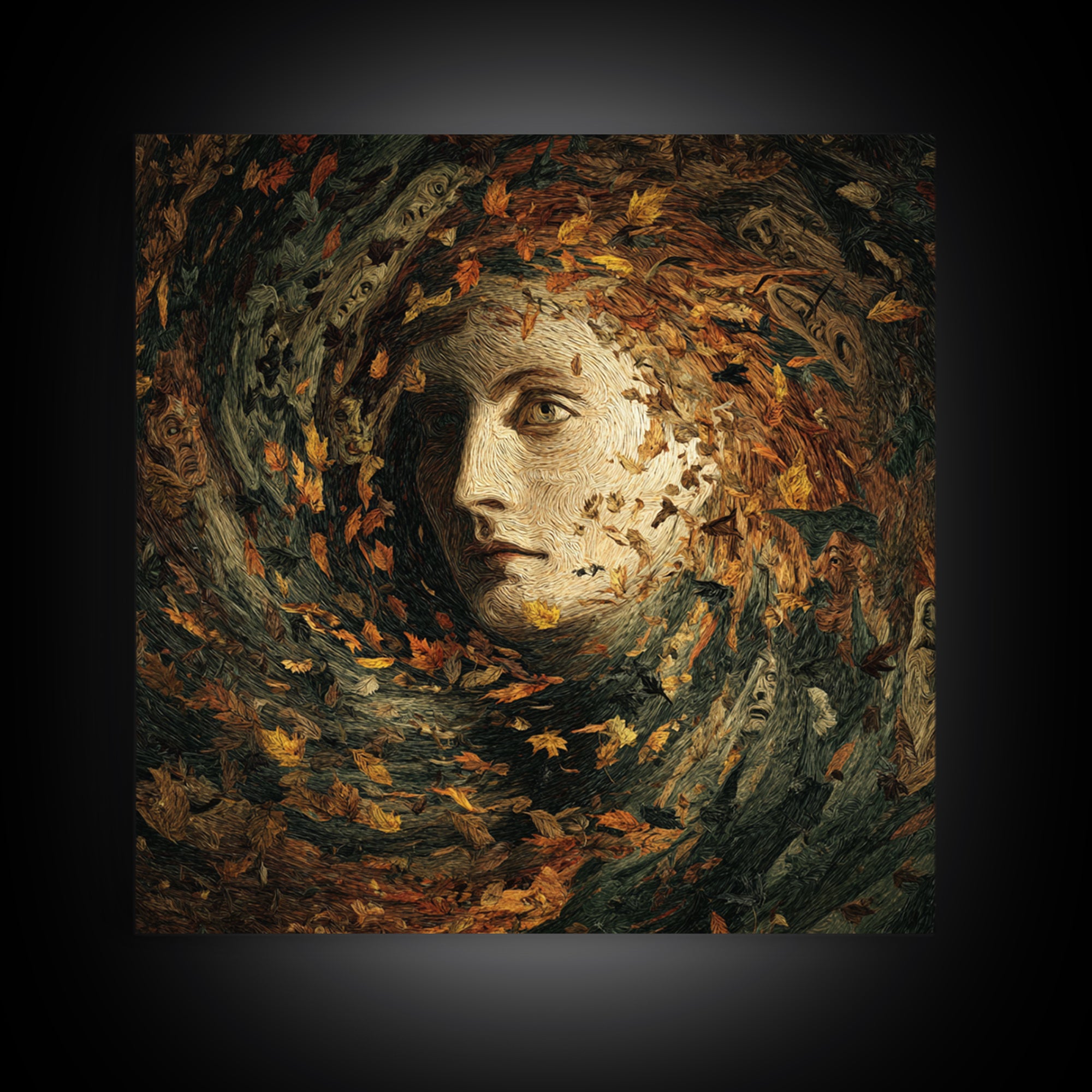 The Autumn-Leaf Ghost, Expressionist Gothic Art, Square Wall Art, Dark Fantasy Wall Art, Framed Canvas Print, Halloween Wall Art