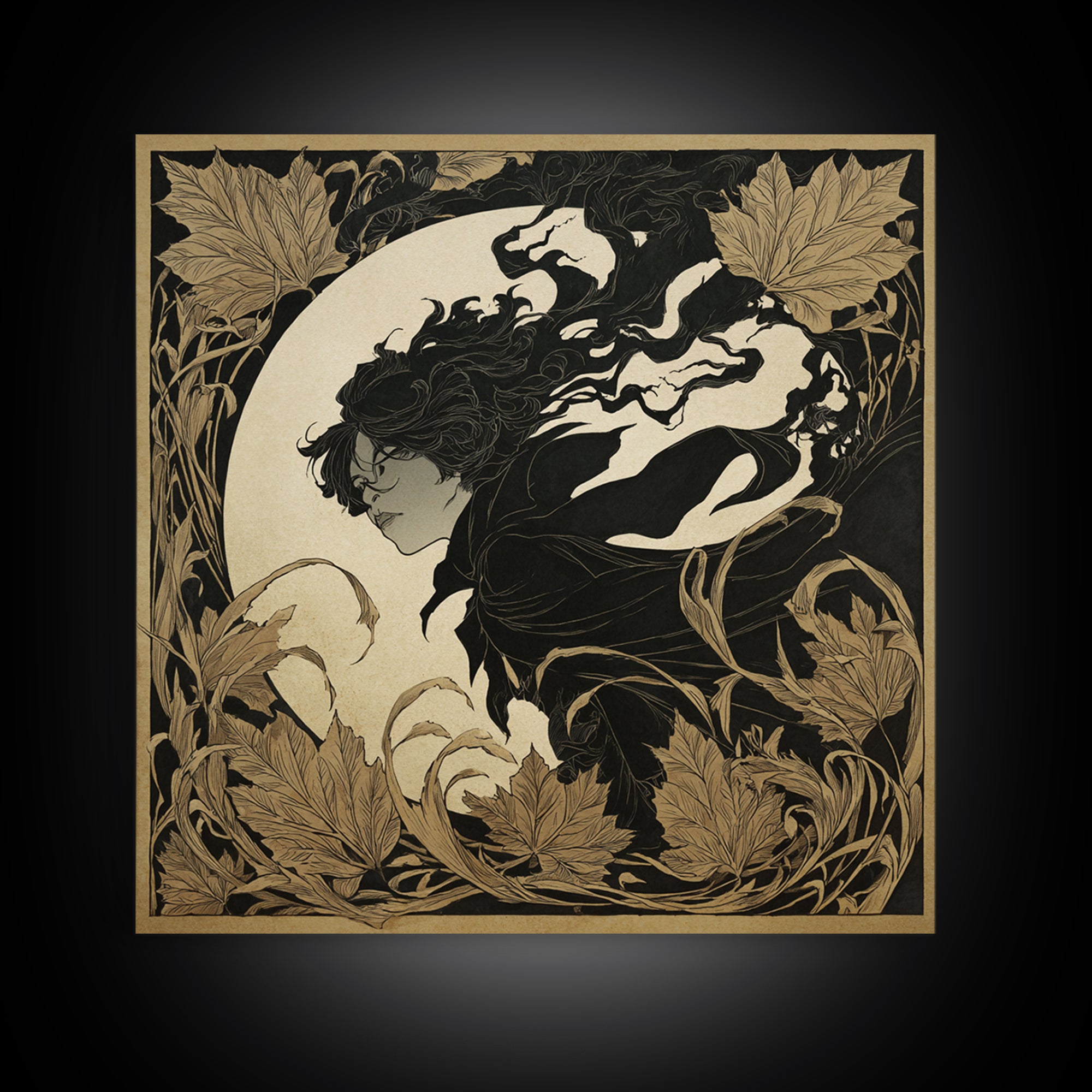 The Autumn-Leaf Ghost, Decadent Line Art, Square Wall Art, Dark Halloween Decor, Framed Canvas Print, Halloween Wall Art