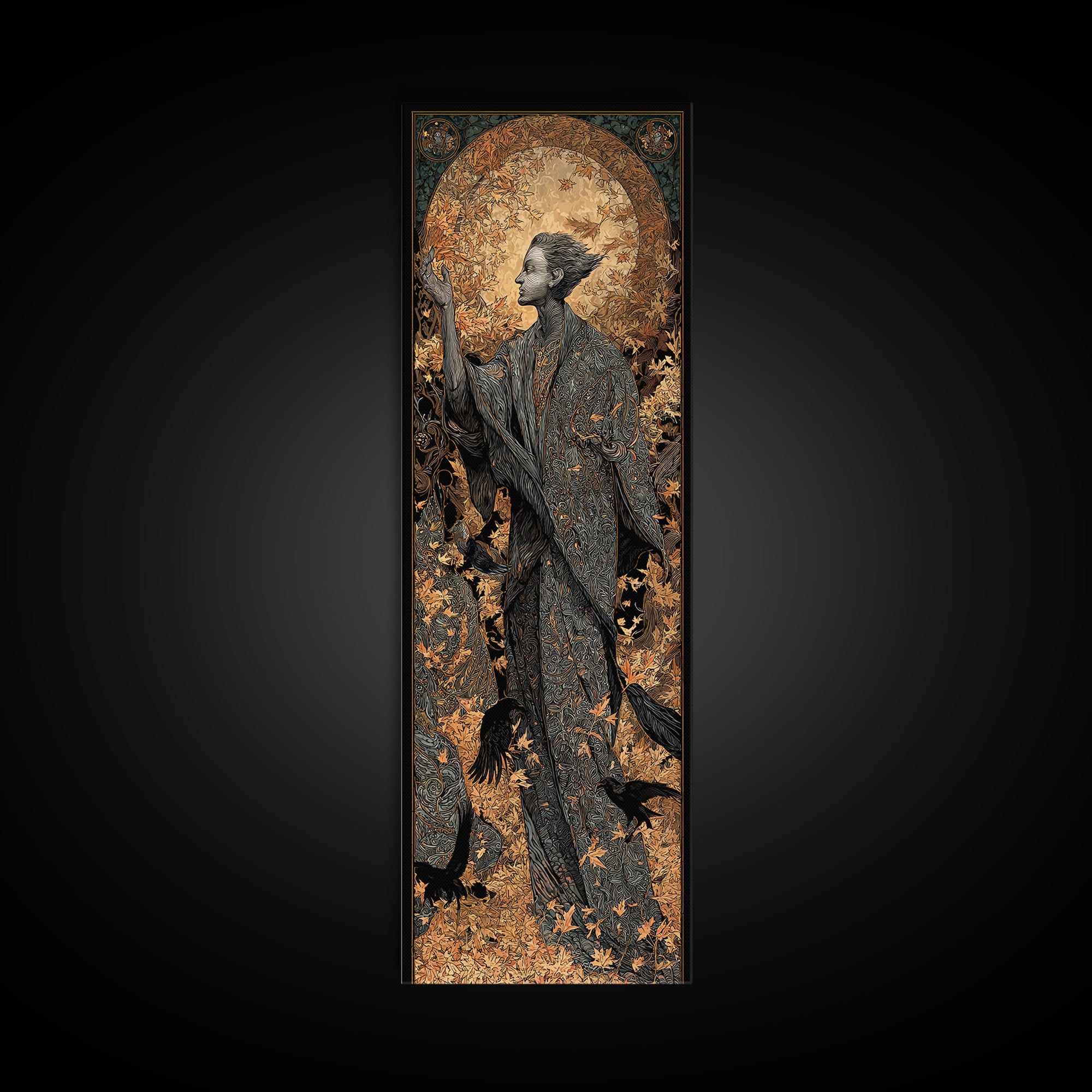 The Autumn-Leaf Ghost, Stained Glass Gothic Art, Tall Narrow Wall Art, Dark Fantasy Wall Art, Canvas Print, Halloween Wall Art