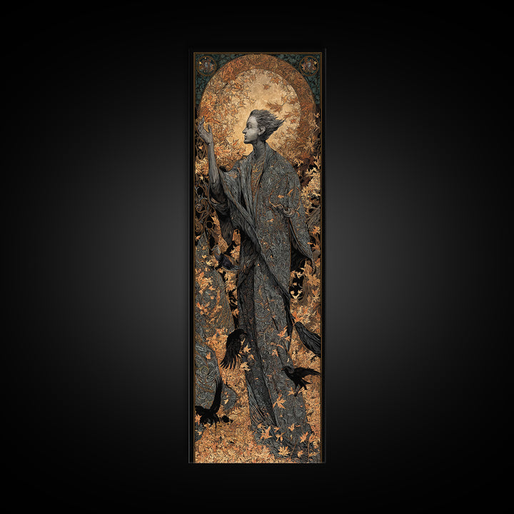 The Autumn-Leaf Ghost, Stained Glass Gothic Art, Tall Narrow Wall Art, Dark Fantasy Wall Art, Canvas Print, Halloween Wall Art