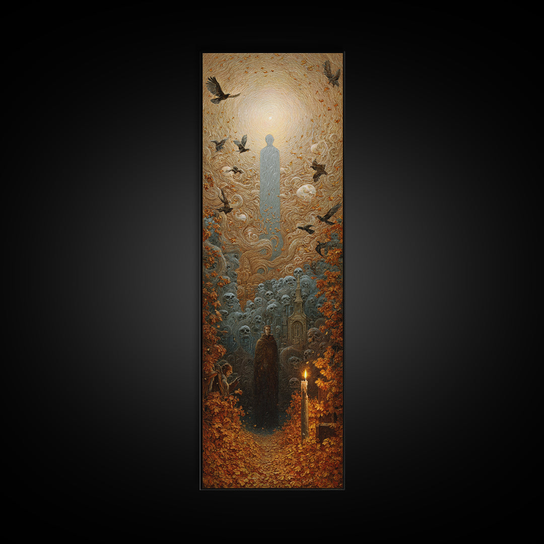 The Autumn-Leaf Ghost, Surreal Apocalyptic Art, Tall Narrow Wall Art, Dark Halloween Decor, Framed Canvas Print, Halloween Wall Art