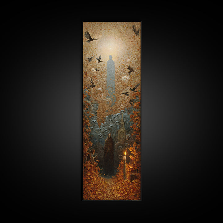 The Autumn-Leaf Ghost, Surreal Apocalyptic Art, Tall Narrow Wall Art, Dark Halloween Decor, Framed Canvas Print, Halloween Wall Art