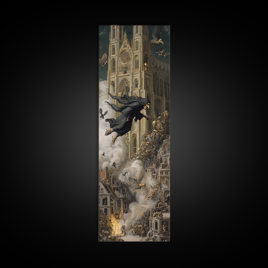 The Cathedral Of Bones, Medieval Grotesque Art, Tall Narrow Wall Art, Dark Halloween Decor, Framed Canvas Print, Halloween Wall Art
