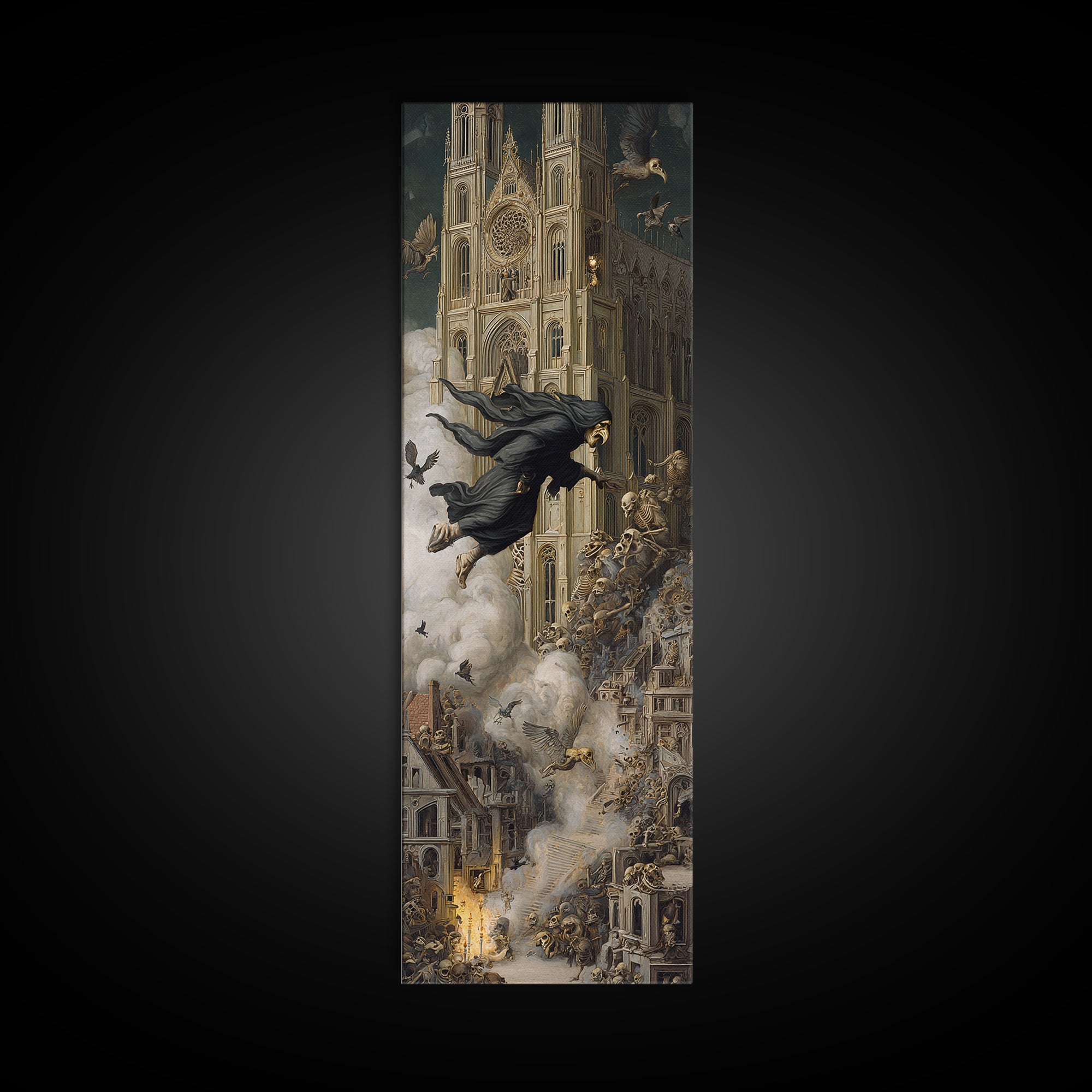 The Cathedral Of Bones, Medieval Grotesque Art, Tall Narrow Wall Art, Dark Halloween Decor, Framed Canvas Print, Halloween Wall Art