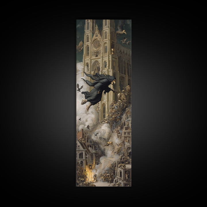 The Cathedral Of Bones, Medieval Grotesque Art, Tall Narrow Wall Art, Dark Halloween Decor, Framed Canvas Print, Halloween Wall Art