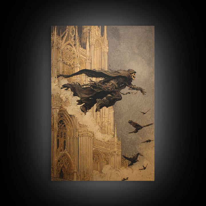 The Cathedral Of Bones, Symbolist Etching Art, Vertical Wall Art, Dark Halloween Decor, Canvas Print, Halloween Wall Art