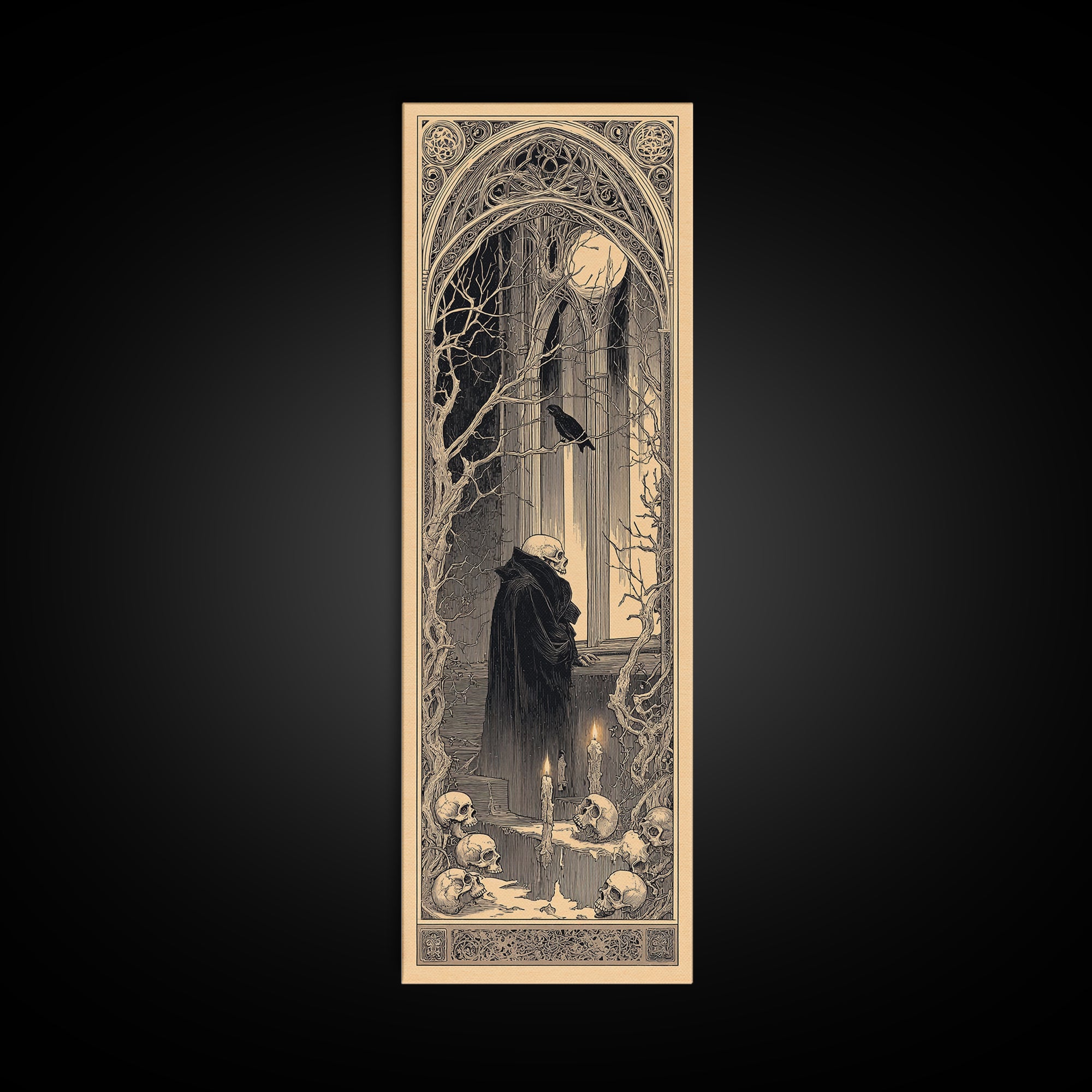 The Cathedral Of Bones, Decadent Line Art, Tall Narrow Wall Art, Macabre Wall Art, Canvas Print, Halloween Wall Art