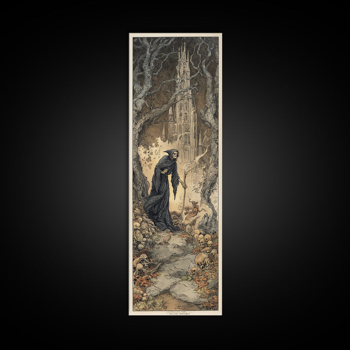 The Cathedral Of Bones, Gothic Storybook Art, Tall Narrow Wall Art, Macabre Wall Art, Canvas Print, Halloween Wall Art