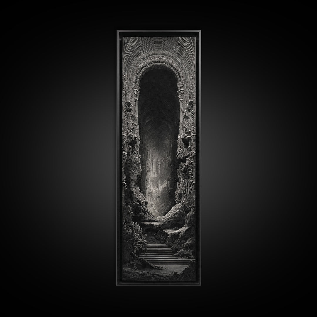 The Cathedral Of Bones, Biomechanical Horror Art, Tall Narrow Wall Art, Macabre Wall Art, Framed Canvas Print, Halloween Wall Art