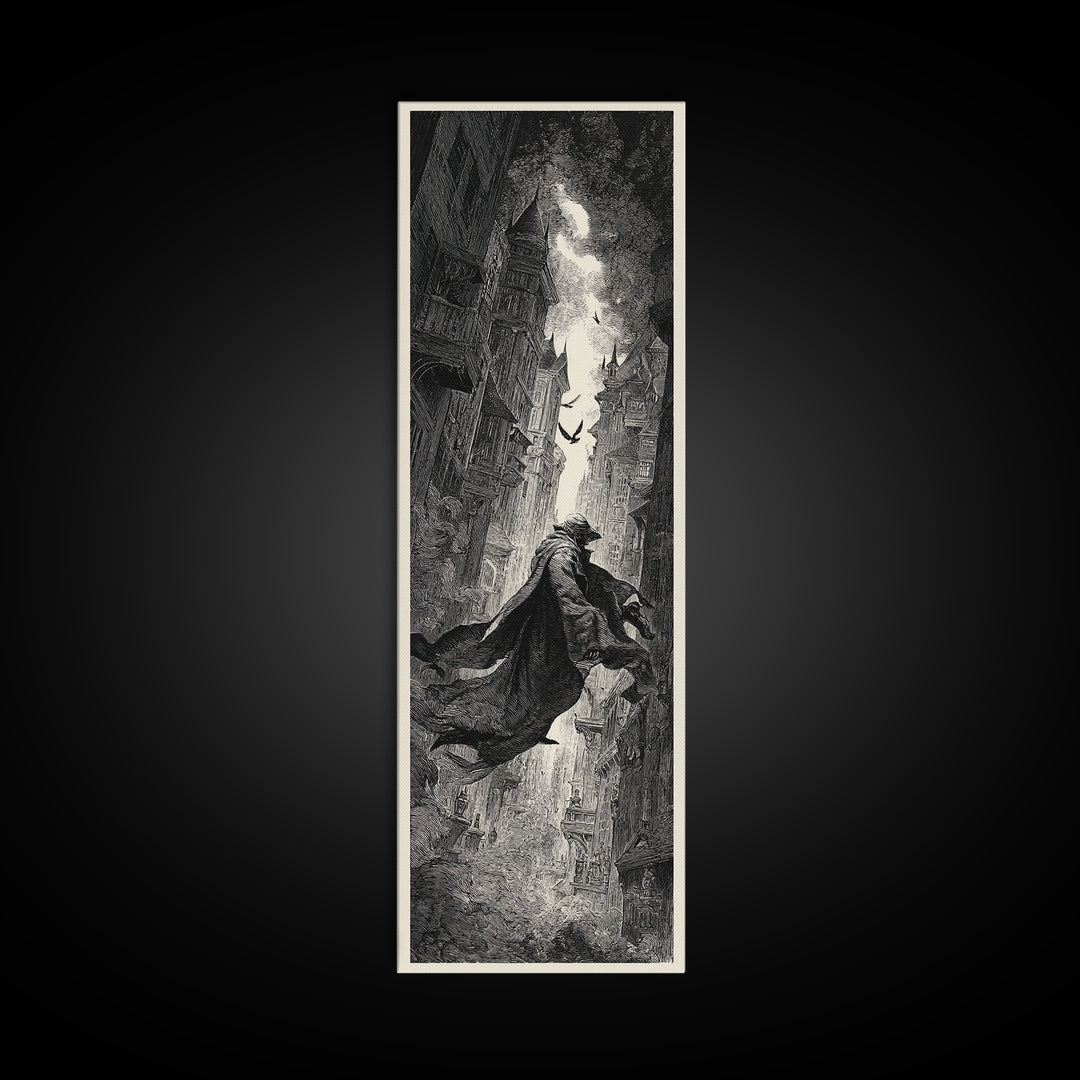 The Town Where Shadows Live, Gothic Engraving Art, Tall Narrow Wall Art, Dark Fantasy Wall Art, Canvas Print, Halloween Wall Art
