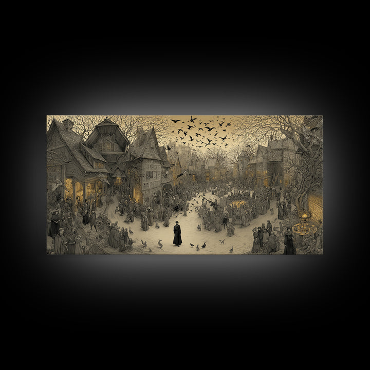 The Town Where Shadows Live, Northern Renaissance Horror, Wide Panoramic Art, Gothic Horror Wall Art, Framed Canvas Print