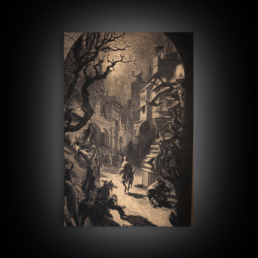 The Town Where Shadows Live, Renaissance Engraving Art, Vertical Wall Art, Dark Fantasy Wall Art, Canvas Print, Halloween Wall Art