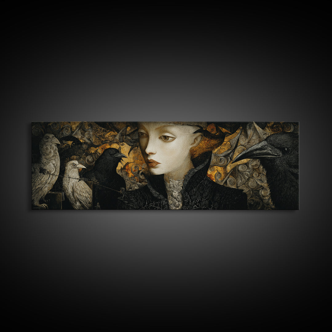 The Town Where Shadows Live, Visionary Gothic Art, Extra Wide Wall Art, Macabre Wall Art, Framed Canvas Print, Halloween Wall Art