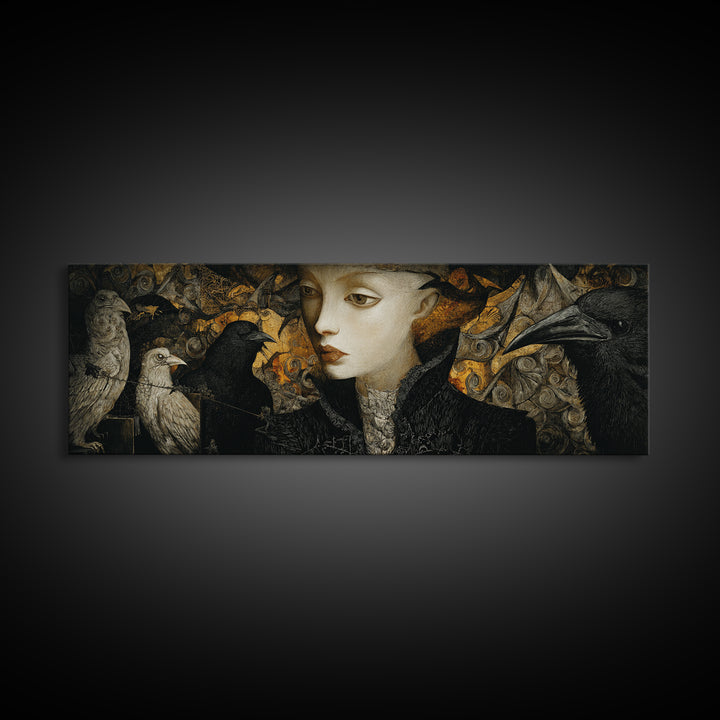The Town Where Shadows Live, Visionary Gothic Art, Extra Wide Wall Art, Macabre Wall Art, Framed Canvas Print, Halloween Wall Art