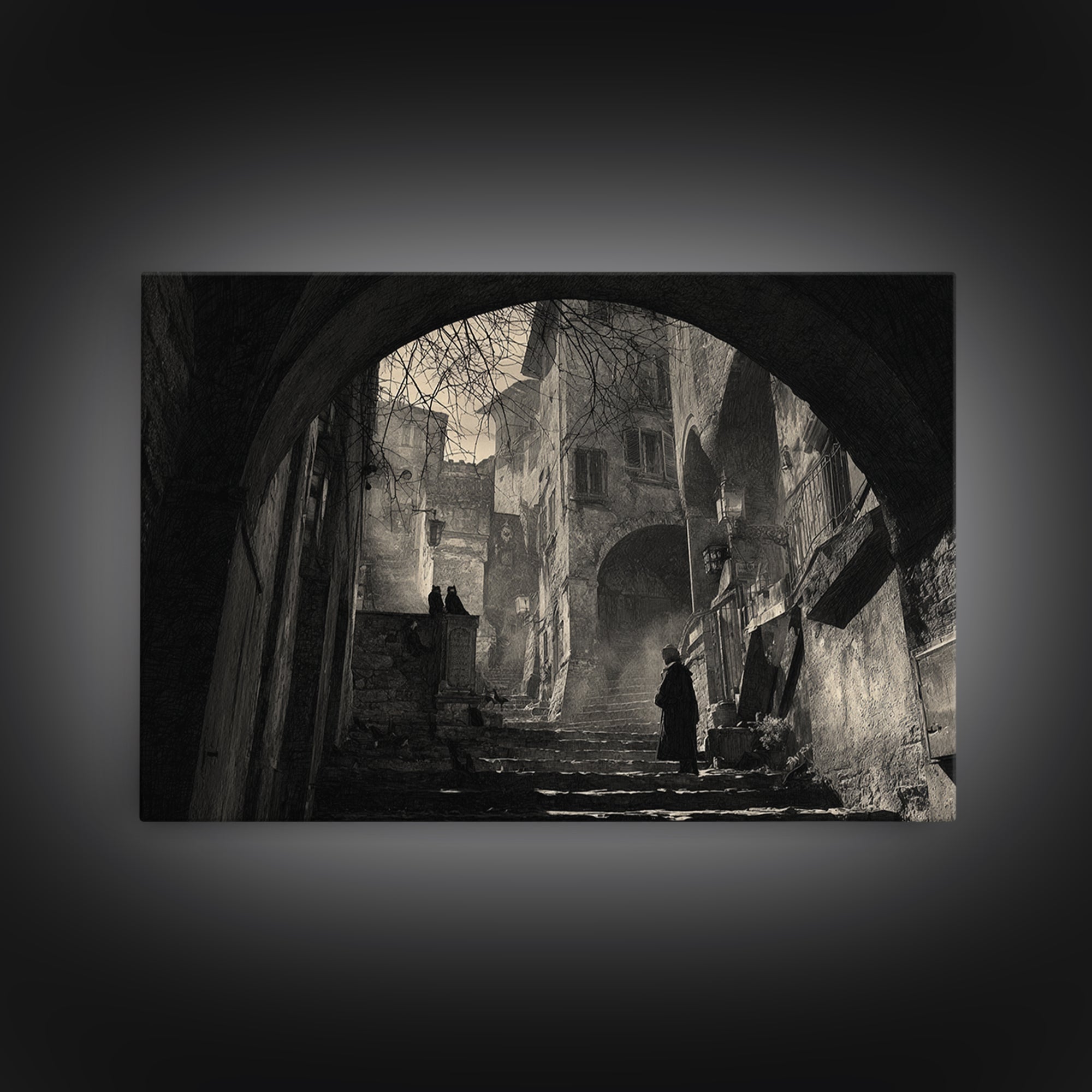 The Town Where Shadows Live, Architectural Etching Art, Landscape Wall Art, Dark Halloween Decor, Canvas Print