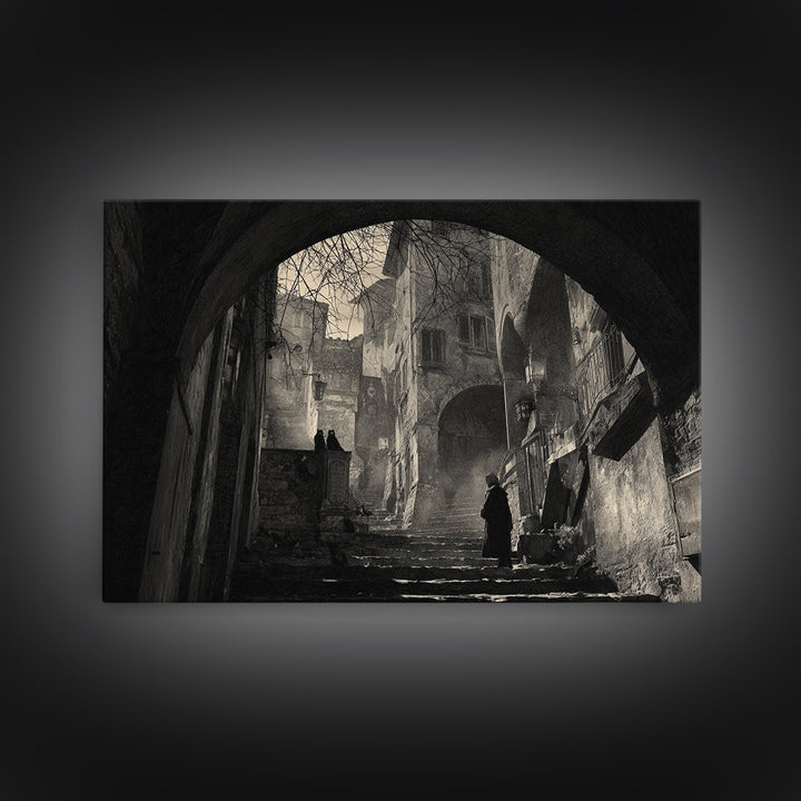 The Town Where Shadows Live, Architectural Etching Art, Landscape Wall Art, Dark Halloween Decor, Canvas Print