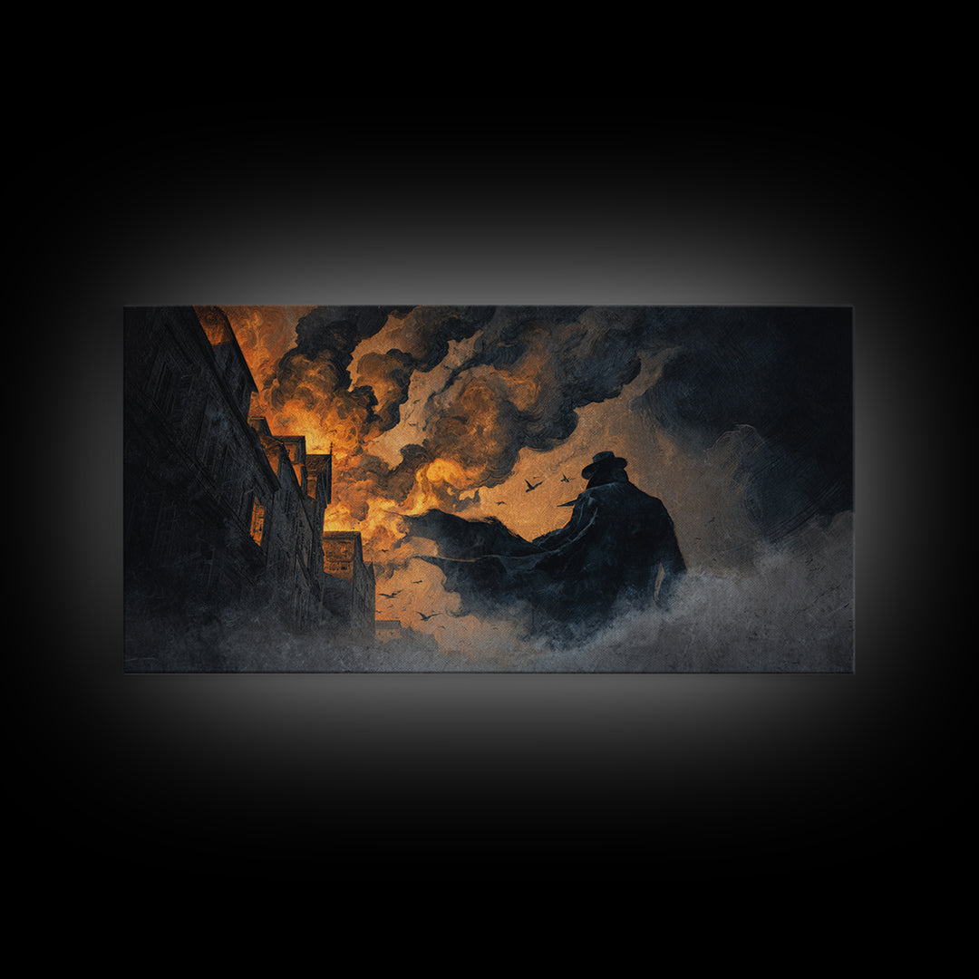 The Town Where Shadows Live, Apocalyptic Romantic Art, Wide Panoramic Art, Macabre Wall Art, Framed Canvas Print, Halloween Wall Art
