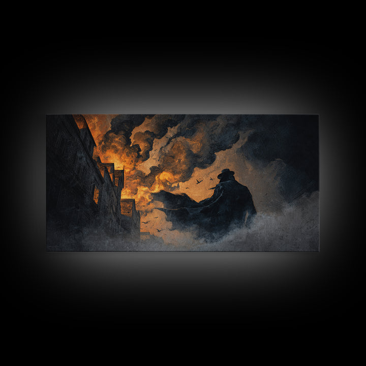 The Town Where Shadows Live, Apocalyptic Romantic Art, Wide Panoramic Art, Macabre Wall Art, Framed Canvas Print, Halloween Wall Art