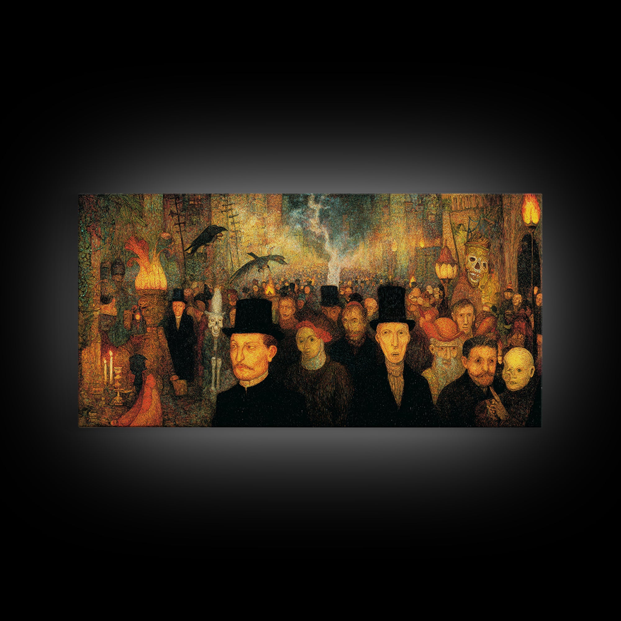The Town Where Shadows Live, Grotesque Carnival Art, Wide Panoramic Art, Dark Halloween Decor, Canvas Print, Halloween Wall Art