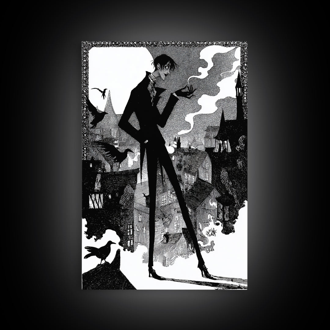 The Town Where Shadows Live, Decadent Line Art, Vertical Wall Art, Dark Halloween Decor, Framed Canvas Print, Halloween Wall Art