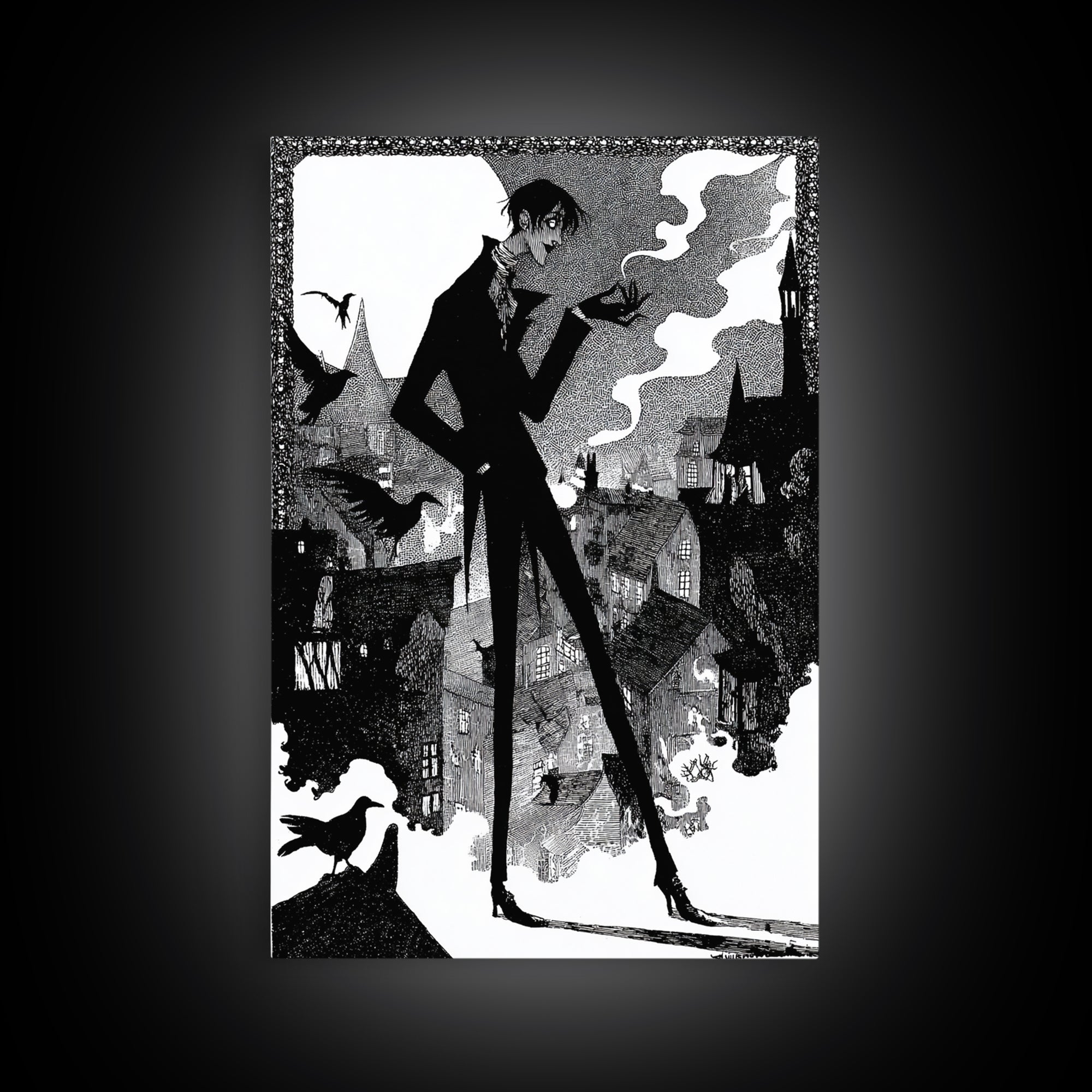 The Town Where Shadows Live, Decadent Line Art, Vertical Wall Art, Dark Halloween Decor, Framed Canvas Print, Halloween Wall Art