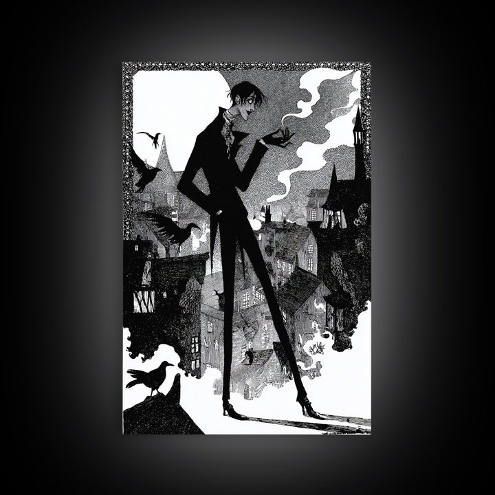 The Town Where Shadows Live, Decadent Line Art, Vertical Wall Art, Dark Halloween Decor, Framed Canvas Print, Halloween Wall Art