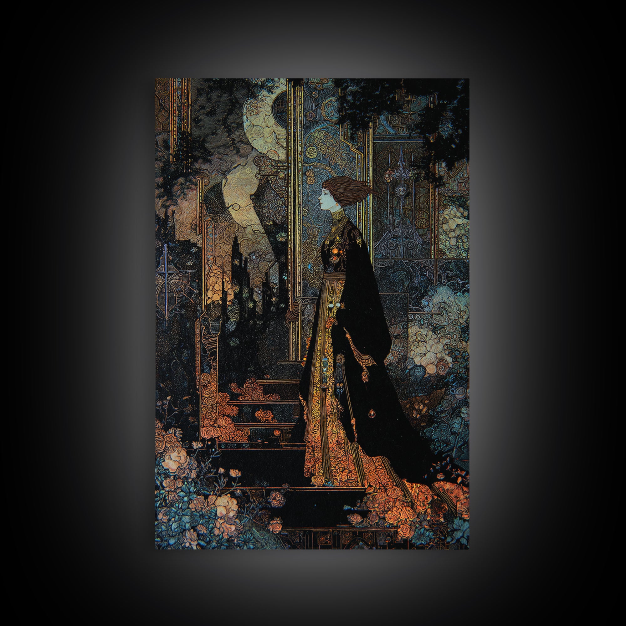 The Town Where Shadows Live, Stained Glass Gothic Art, Vertical Wall Art, Macabre Wall Art, Framed Canvas Print, Halloween Wall Art