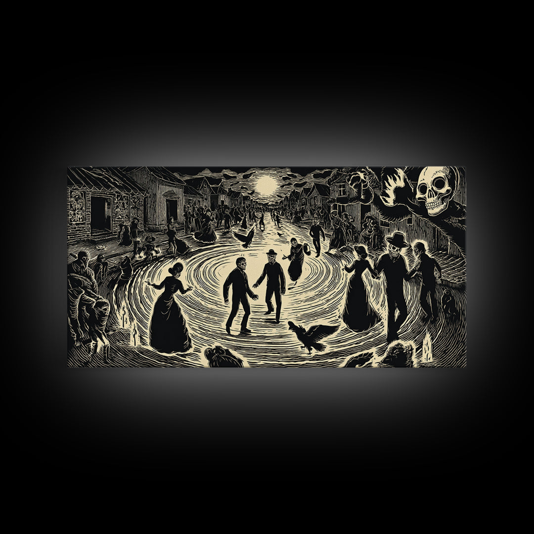 The Town Where Shadows Live, Macabre Folk Print Art, Wide Panoramic Art, Dark Fantasy Wall Art, Canvas Print, Halloween Wall Art