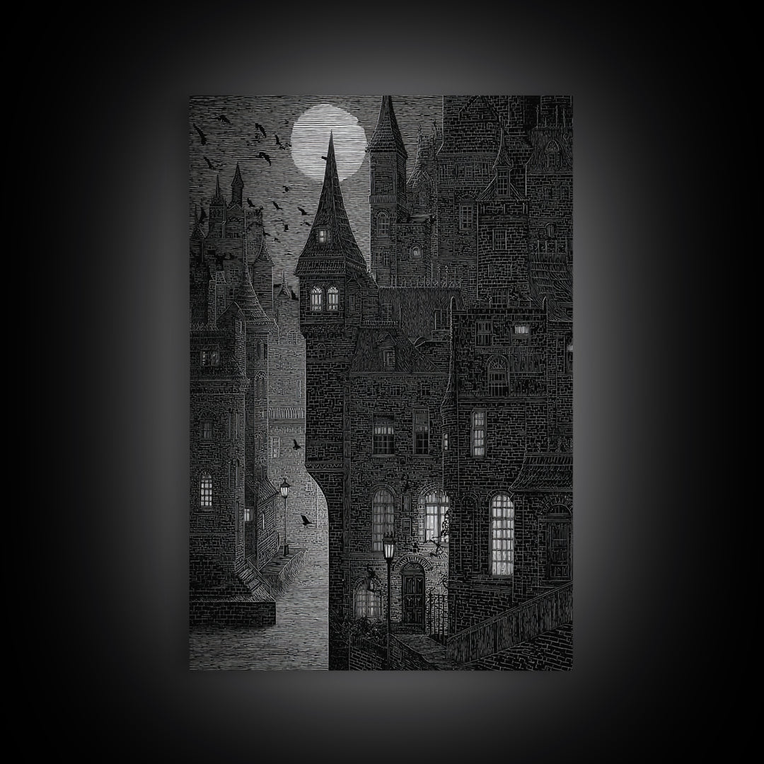 The Town Where Shadows Live, Victorian Macabre Art, Vertical Wall Art, Dark Fantasy Wall Art, Canvas Print, Halloween Wall Art