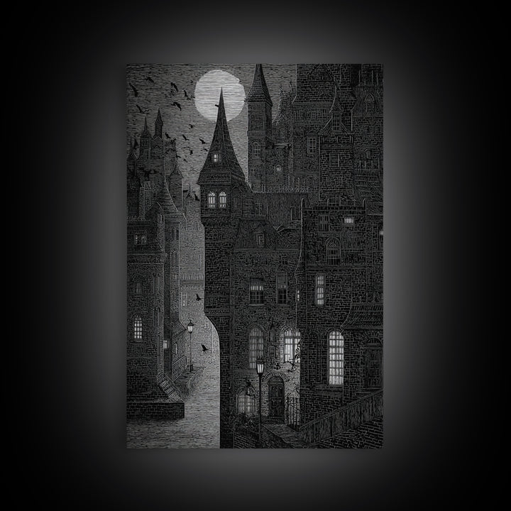 The Town Where Shadows Live, Victorian Macabre Art, Vertical Wall Art, Dark Fantasy Wall Art, Canvas Print, Halloween Wall Art